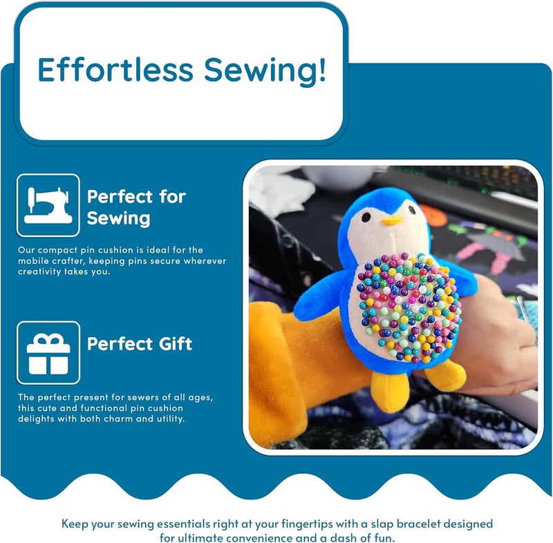 Countables Cute Penguin Wrist Pin Cushion for Sewing - Snap Bracelet Wrist Bands for Pins and Needles - Sewing Supplies and Accessories - Needle Minder & Holder - Adjustable Pincushions (Blue) - Image 4